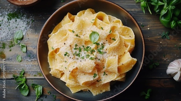 Fototapeta Delicious Creamy Pasta Served in a Bowl With Herbs and Garnishes on a Wooden Table