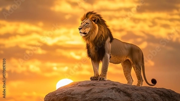 Obraz Majestic lion standing on rock at golden hour, powerful wildlife photography in dramatic lighting