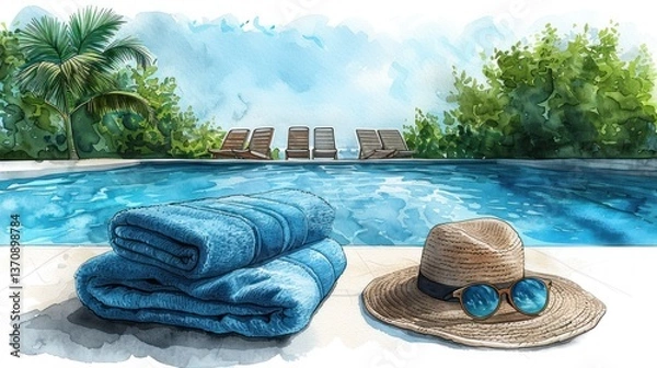 Obraz Poolside towels, hat, sunglasses, tropical resort view