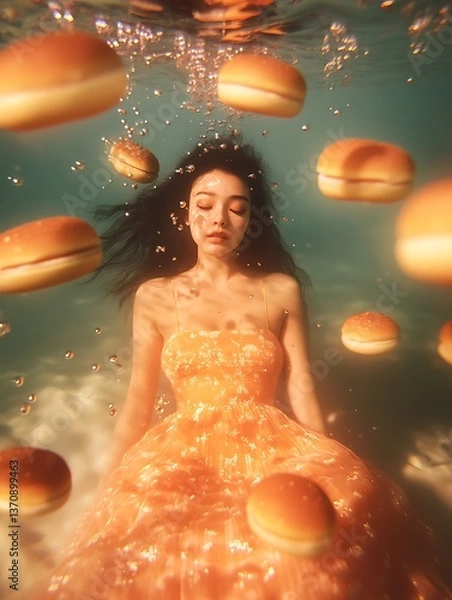 Obraz Surreal underwater portrait of a floating woman in flowing dress with bubbles, ethereal lighting for dreamlike fantasy concepts