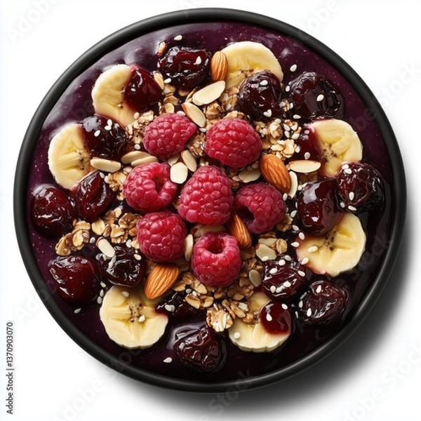 Fototapeta A beautifully presented acai bowl topped with fresh raspberries, cherries, bananas, and crunchy nuts. Separated on white background