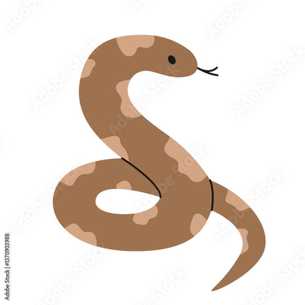 Obraz Cute spotted brown snake on white background. Isolated ball python with tongue out. Pet, exotic animal in simple style. Reptile character. Zoo, wild nature. Vector flat illustration