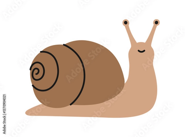 Obraz Cute brown smiling snail on white background. Isolated slug with spiral shell. Adorable pet, garden animal in simple style. Domestic or wild mollusk character. Vector flat illustration
