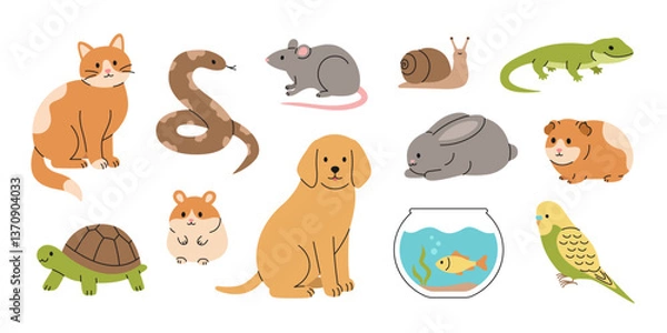 Obraz Cute pet set: cat, dog, rabbit, guinea pig, hamster, rat, parrot, fish, snake, turtle, lizard and snail. Cartoon domestic animals collection. Vector flat illustration isolated on white background