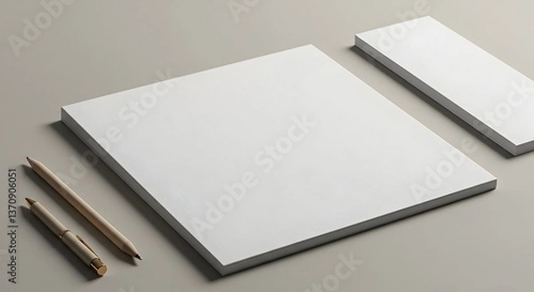Obraz Blank Paper and Pen on Neutral Background Mockup for Design Presentation