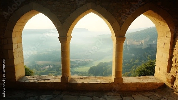 Fototapeta Medieval arches, misty valley view