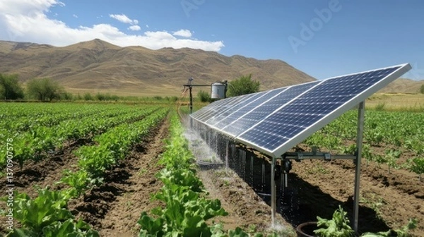 Fototapeta Sustainable farming solution solar powered irrigation watering crops efficiently