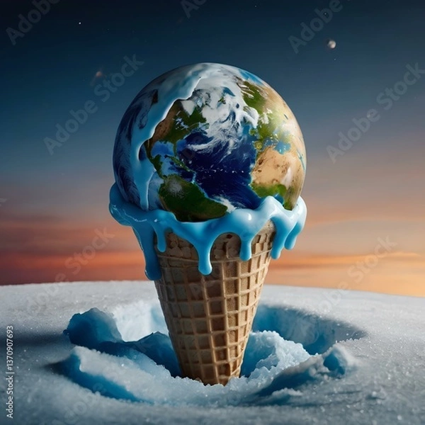 Fototapeta Planet Earth melts in ice cream cone - global warming