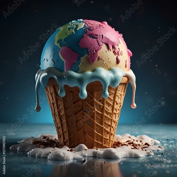 Fototapeta Planet Earth melts in ice cream cone - global warming