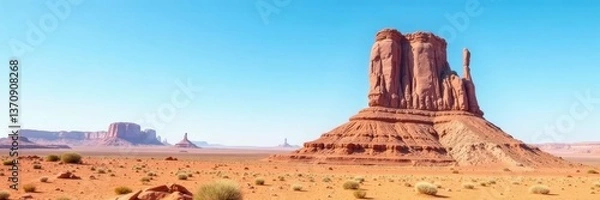 Fototapeta Desert rock formation isolated against clear blue sky, solitude, sky
