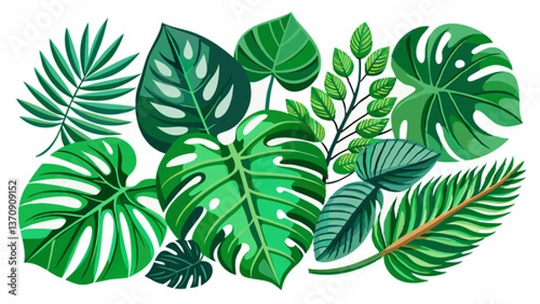 Fototapeta set of green monstera palm and tropical plant leaf isolated on white background for design elements, Flat lay