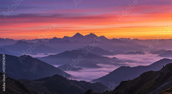 Fototapeta Majestic Sunrise Over Layers of Mountains and Valley Fog Landscape Photography
