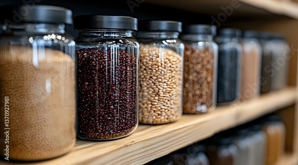 Fototapeta Glass storage jars filled with various grains, legumes and dry goods arranged on wooden pantry shelf, showing sustainable zero waste kitchen organization system.