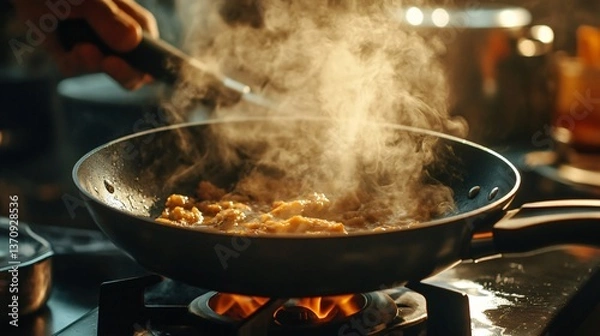 Obraz A rustic frying pan being lifted off a hot stovetop, with steam and sizzling sounds visible in a dynamic close-up