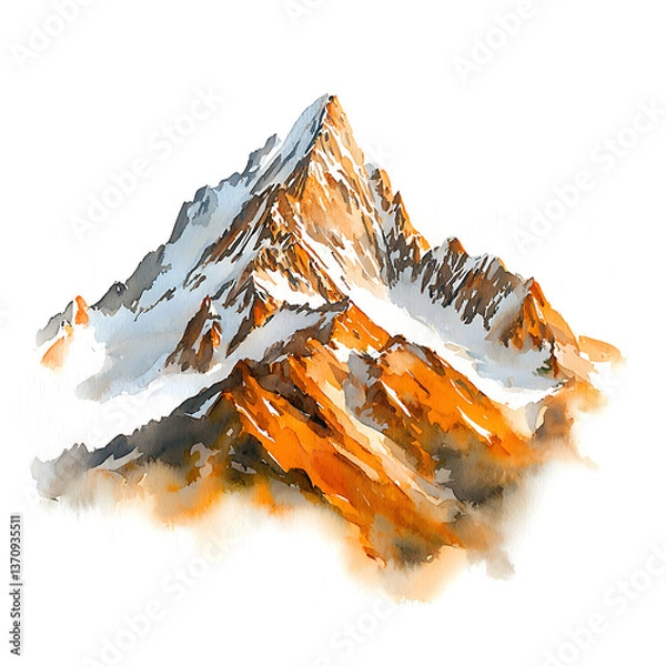Obraz Watercolor painting of a majestic snow-capped mountain peak featuring warm earthy tones and hazy cloud effects.