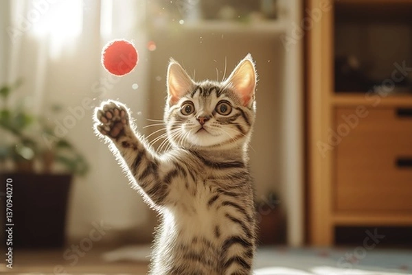 Obraz A playful cat batting at a dangling toy from mid-air, eyes wide with excitement in a cozy living room