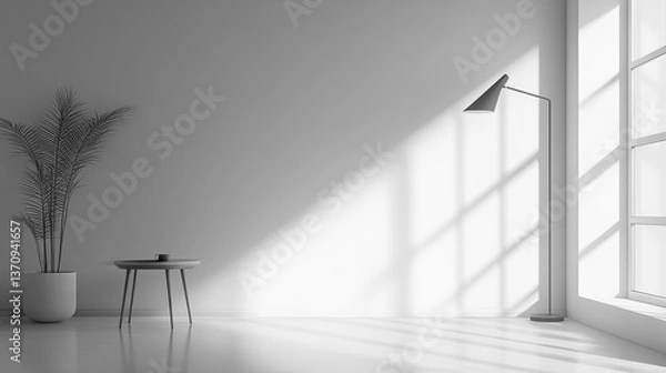Fototapeta A sleek, modern corner of an empty house with a clean-lined side table and a minimalistic lamp