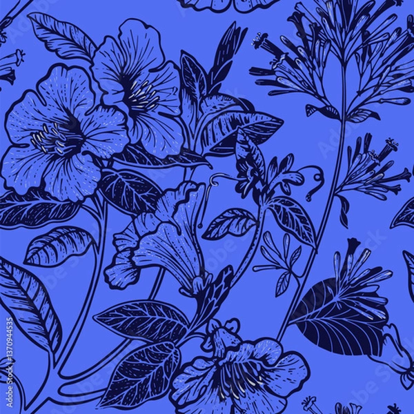 Fototapeta Seamless botanical pattern, linear floral composition, simple vector drawing of flowers. 