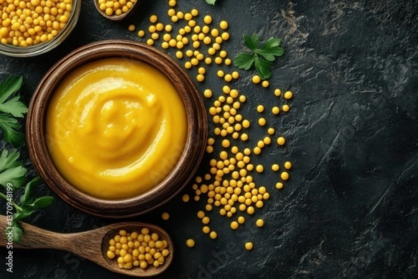 Obraz Mustard sauce in rustic wooden bowl with mustard seeds and parsley on dark stone surface overhead view
