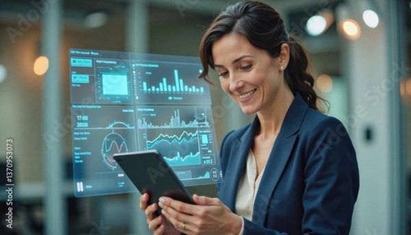 Fototapeta A portrait headshot photo of a friendly professional CEO executive business worker: A smiling businesswoman analyzes data on a tablet while standing in front of a holographic display showcasing c