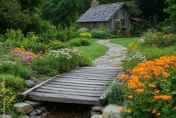 Obraz A quaint wooden bridge crossing a small stream, leading to a charming cottage with a flower-filled garden