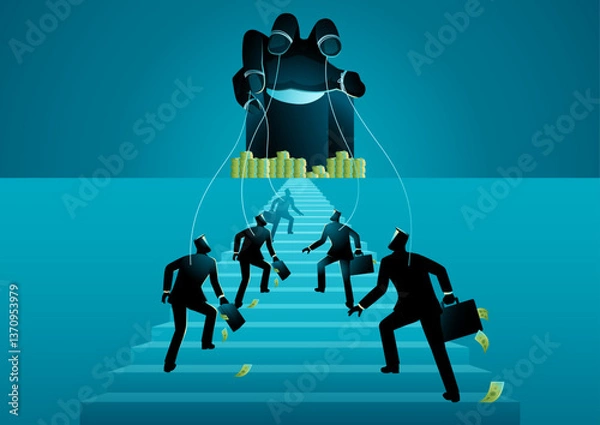 Obraz Ponzi scheme or investment fraud. Men climb stairs toward money stacks, unaware they are controlled by a giant dark hand. Symbol of financial deception luring investors with false promises of wealth.