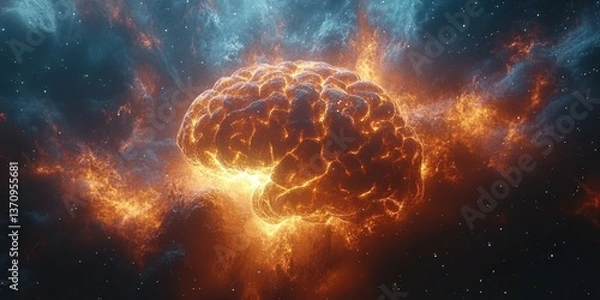 Fototapeta Creative representation of a glowing brain amidst cosmic clouds in a vibrant space setting