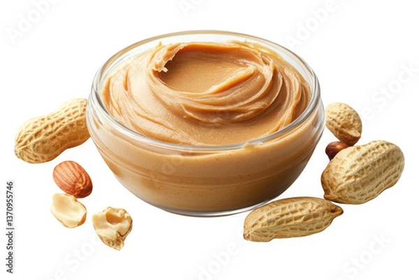 Fototapeta A clear bowl filled with peanut butter surrounded by peanuts on a dark background studio shot
