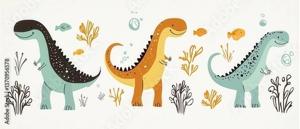 Fototapeta Playful and Colorful Doodles of Cute Dinosaurs and Sea Life in a Cheerful Underwater Scene