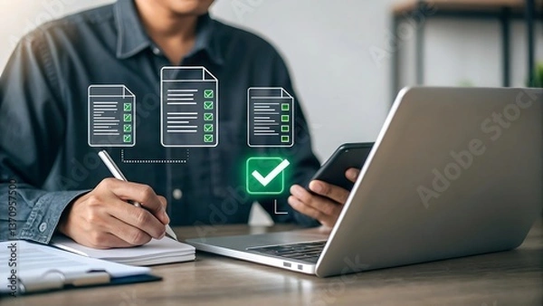 Fototapeta Document management system with checklist on laptop screen