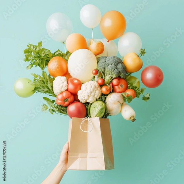 Obraz shopping paper bag with fresh market fruits and vegetables, hand hold balloons and fresh organic food in a bag concept for hot air ballon