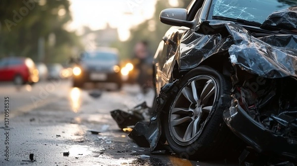 Fototapeta An accident scene with car that has been damaged. Car collides with a truck. Traffic rules on a damaged street. A crash site featuring a damaged vehicle lifestyle.