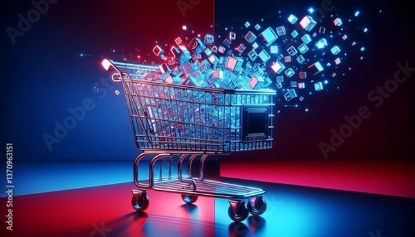 Fototapeta A futuristic shopping cart overflowing with digital data, symbolizing the explosion of e-commerce and online retail.
