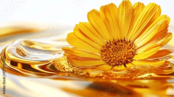 Fototapeta Bright yellow calendula flower floating on golden liquid surface