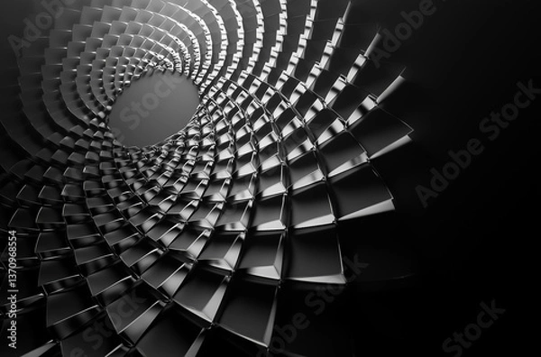 Fototapeta Dark abstract geometric spiral structure with black glossy 3d tiles in modern futuristic concept backgrounds