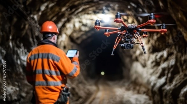 Fototapeta Drone inspection operation at a mine, inspecting with a digital tablet in hand