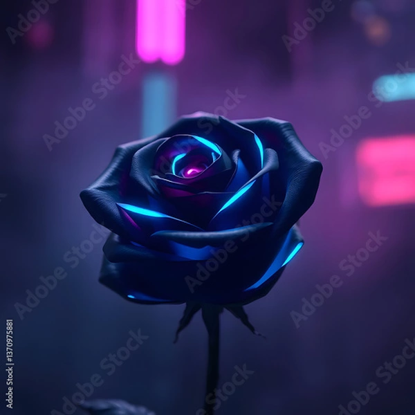 Fototapeta Vibrant Neon Rose Flower Glowing in the Dark with Intense Color Effects,Futuristic Neon Rose with Electric Blue and Pink Glow Against a Dark Background