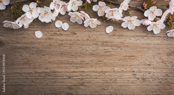 Obraz Spring Blossom Branches on Rustic Wooden Background Floral Border Springtime Nature