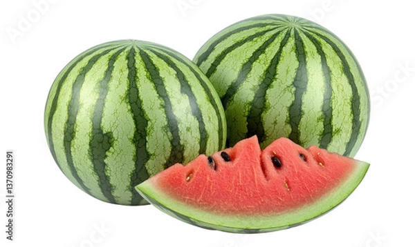 Fototapeta Freshly cut watermelon slices with whole watermelons on a transparent background