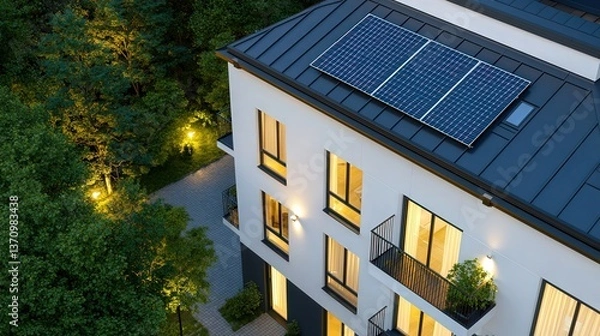 Obraz HOA Fees Modern building with solar panels surrounded by greenery at night.