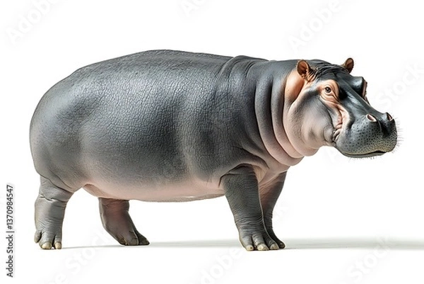 Obraz A pygmy hippopotamus stands calmly upon a pristine white base, lit precisely to abolish any shadows. The smooth, dark hide is sharpened by high contrast, accenting subtle texture around the 