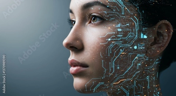 Obraz Woman fused with digital circuit interface.