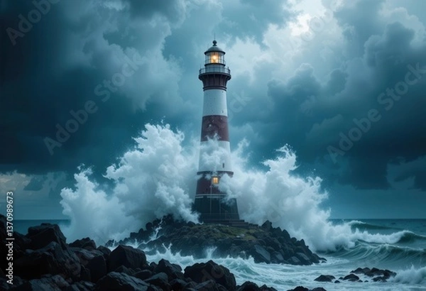 Fototapeta Raging waves crash against a lighthouse during a stormy evening