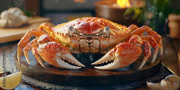 Obraz A high-angle, close-up shot of a large, steamed crab positioned centrally on a dark brown circular wooden platter. The crab is predominantly reddish-orange in color, with visible details of its shell