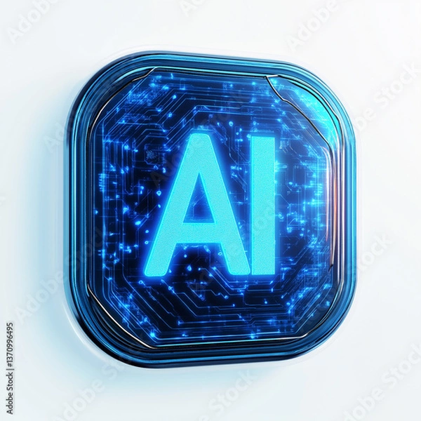 Fototapeta A close-up shot of a stylized digital rendering depicting the letters "AI" in a bright, luminous blue.  The letters are embedded within a circuit board pattern, suggesting a technological context.