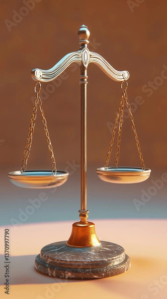 Fototapeta Close-up shot of a pair of metallic scales, rendered in a polished gold tone against a muted brown background. The scales feature oval-shaped pans suspended by delicate chains from a central vertical