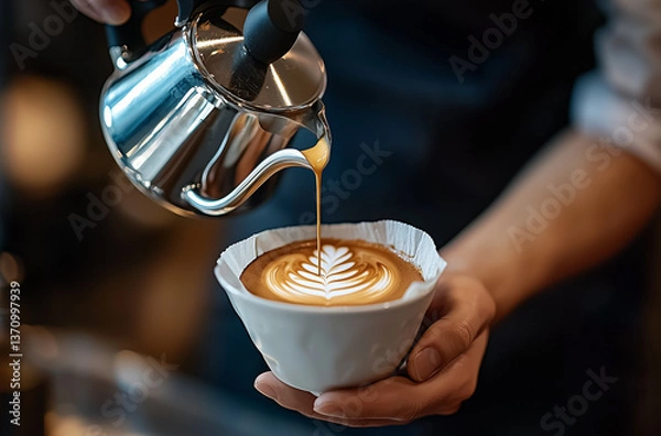 Fototapeta Close-up shot of a barista's hand pouring microfoam milk into a coffee cup, creating latte art.  The image focuses on the precise pouring technique and the resulting intricate design in the crema.