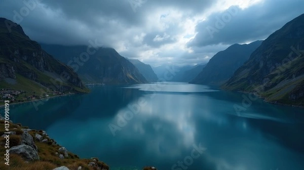 Fototapeta A high-quality photo of Lake Silvaplana in Switzerland, Europe, at night with cloudy skies, taken from above, featuring a shimmering lake and dark mountain silhouettes.