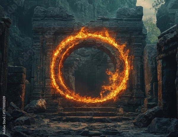 Fototapeta The gateway to the underworld, a circle of fire with flames on a stone archway in ancient temple ruins