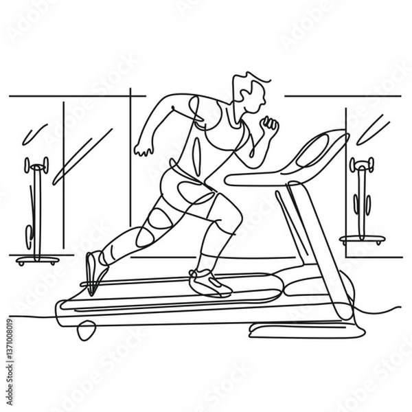 Obraz Man running on a treadmill. One line continuous concept sport banner. Line art vector illustration. Outline silhouette with copy space. Continuous line of man training speed run with treadmill.